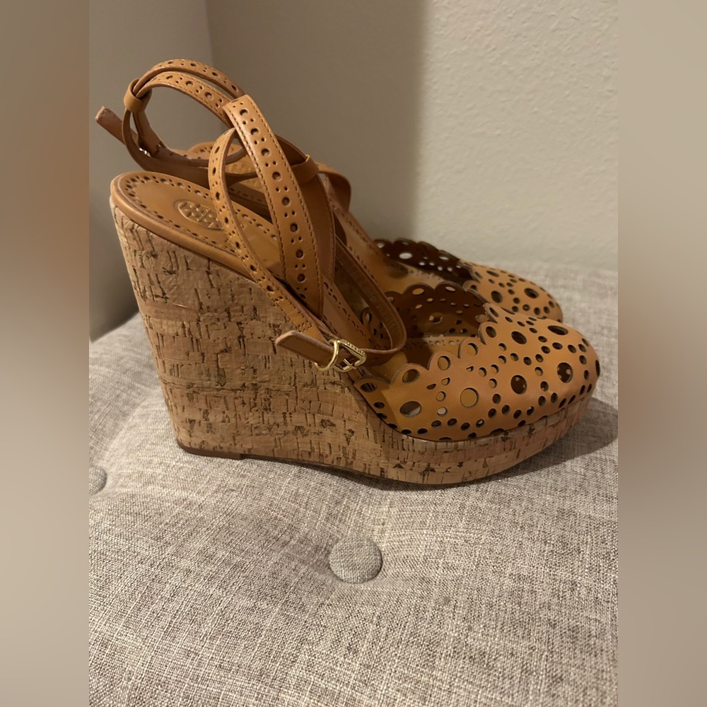 Tory Burch cutout cork wedges size 10